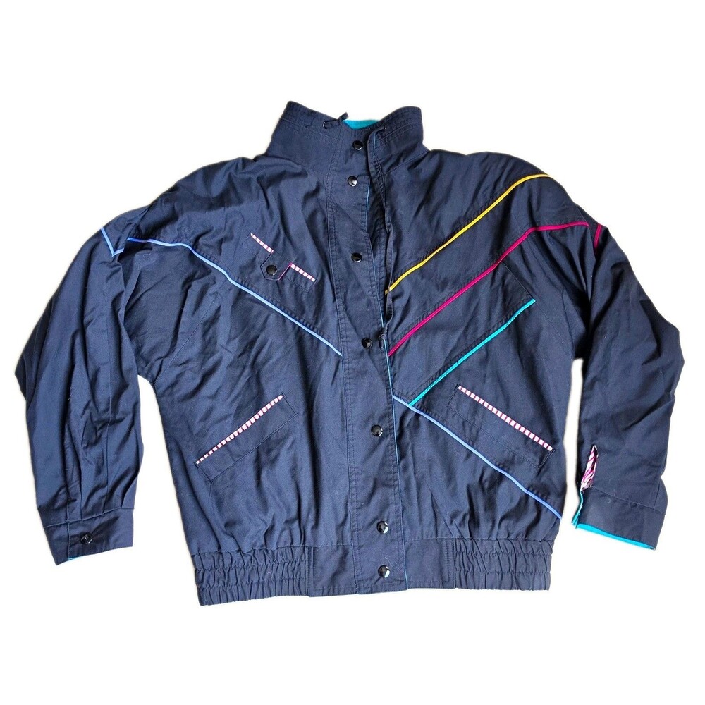 Rafael Women Black Multicolor Colorblock Snap Front Collared Jacket, Size L